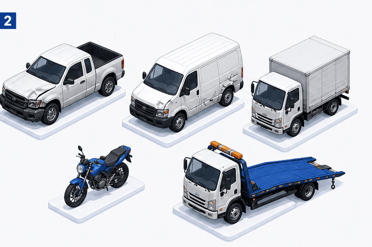 Pickup, van, tractocamión, motocicleta y grúa — tipos de vehículo